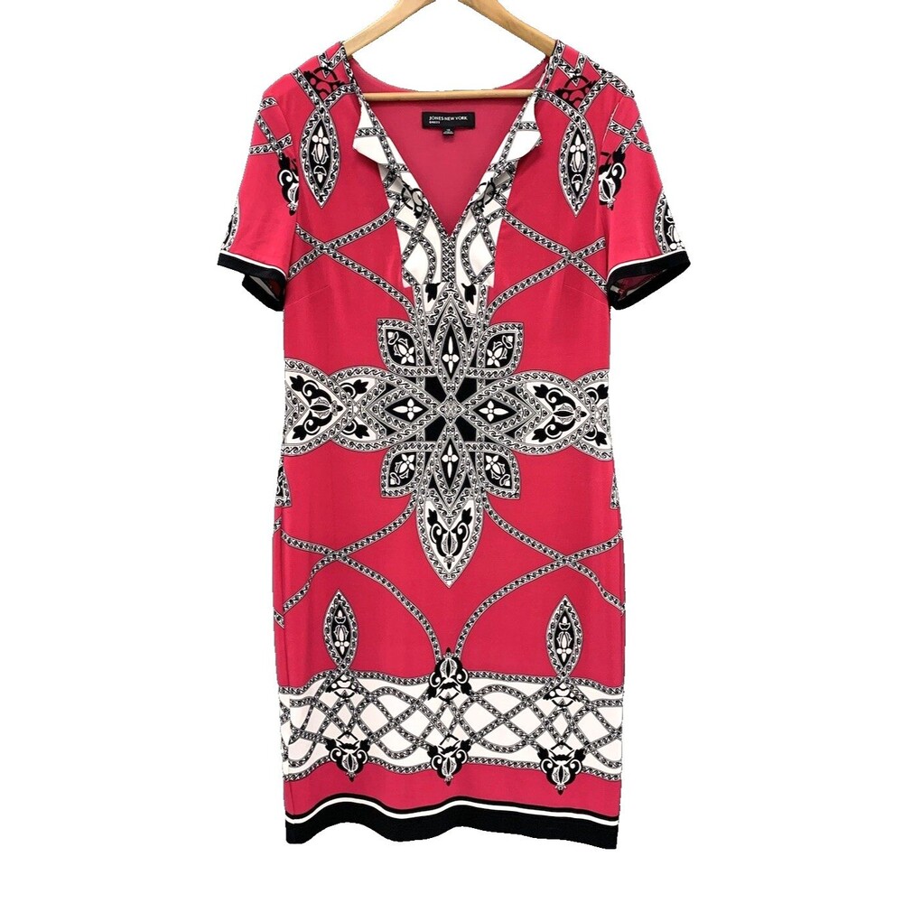 Jones New York Jersey Knit Shift Dress Sz 10 Pink Bold Mediterranean Art Travel